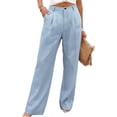 thumbnail image 2 of Womens Casual Cotton Linen Pants Lightweight Summer Loose Fit High Waist Straight Leg Plus Size Solid Lounge Trousers Light Blue XL, 2 of 5