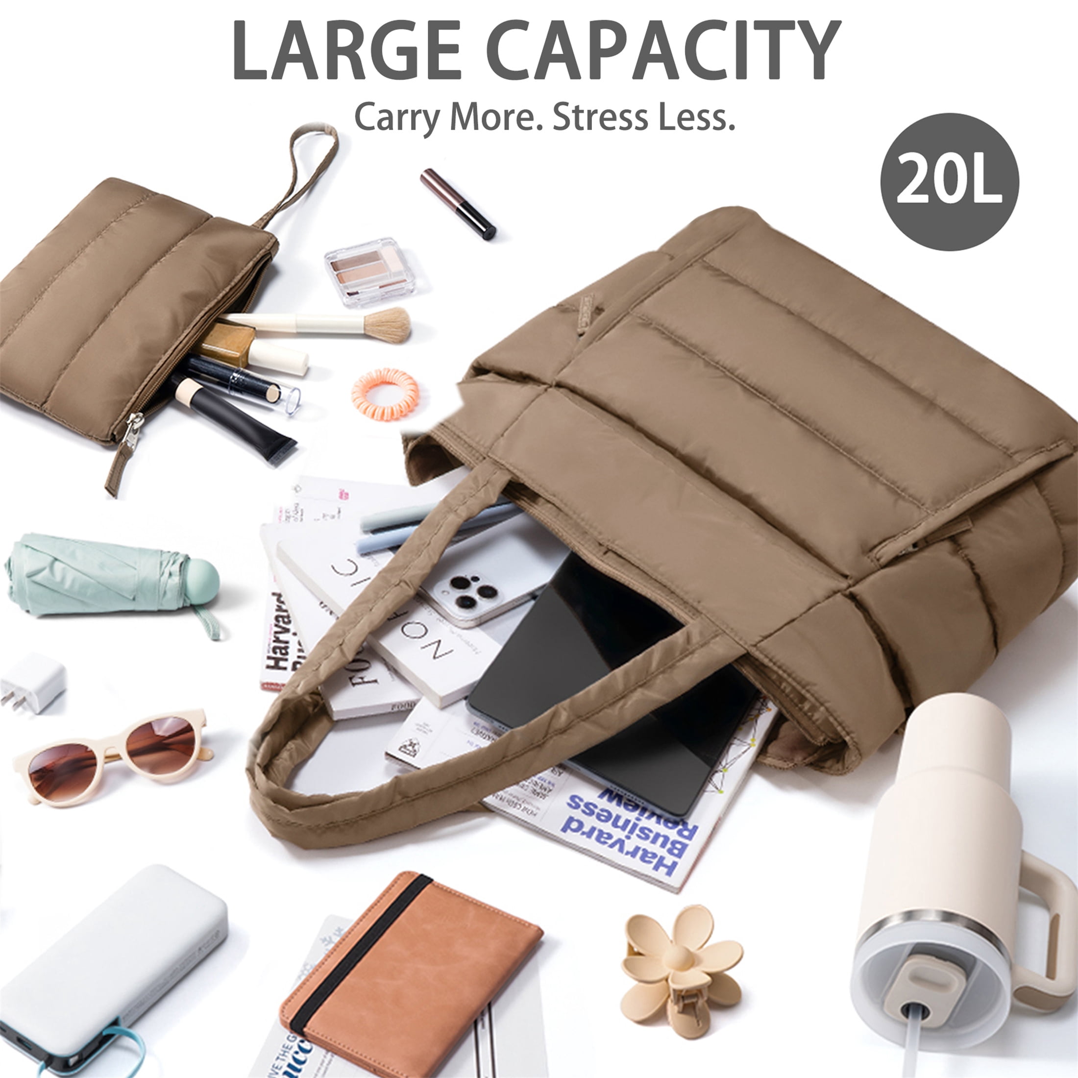 Puffer Tote Bag for Women, Large Capacity Lightweight Quilted Shoulder Bag, Waterproof Handbag for Work, Travel, Gym, Beige