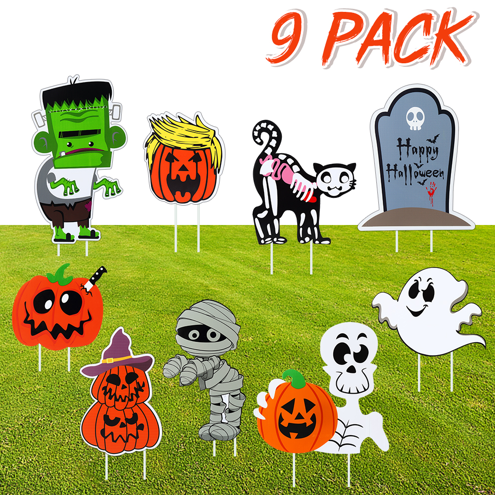 Juiluna 9 Pcs Yard Signs for Halloween Props Yard Stakes Pumpkin Ghost