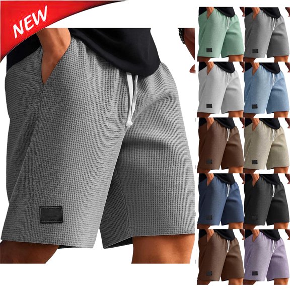 Tqyyweavej Mens Athletic Shorts Drawstring Solid Color Lounge Waffle Shorts Pull-On Elastic Rised Pattern Workout Shorts with Pockets M-4XL