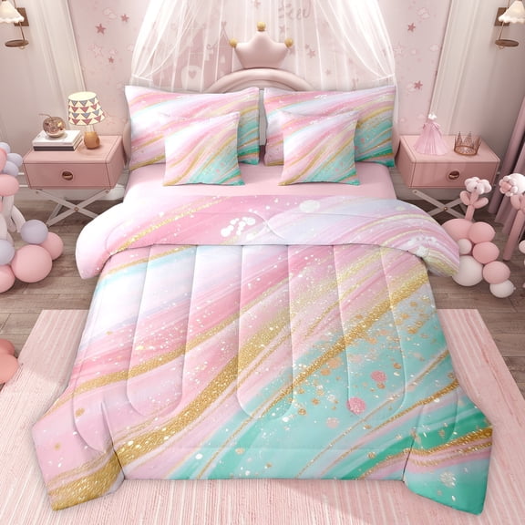 Feelyou Women Fashion Marbling Twin Bedding Sets 7-Piece, Dreamy Abstract Ombre Bedding Comforter Set, Marble Artwork Pink Green Reversible Sheet Sets, Luxury Bedroom Decor