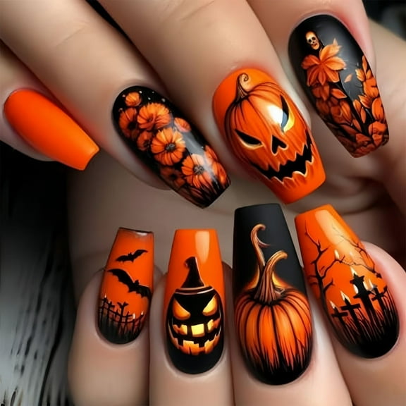 Ghostly Pumpkin Square False Nails M Length ABS Finish Halloween Party Nails Art For Women Costume Accessories