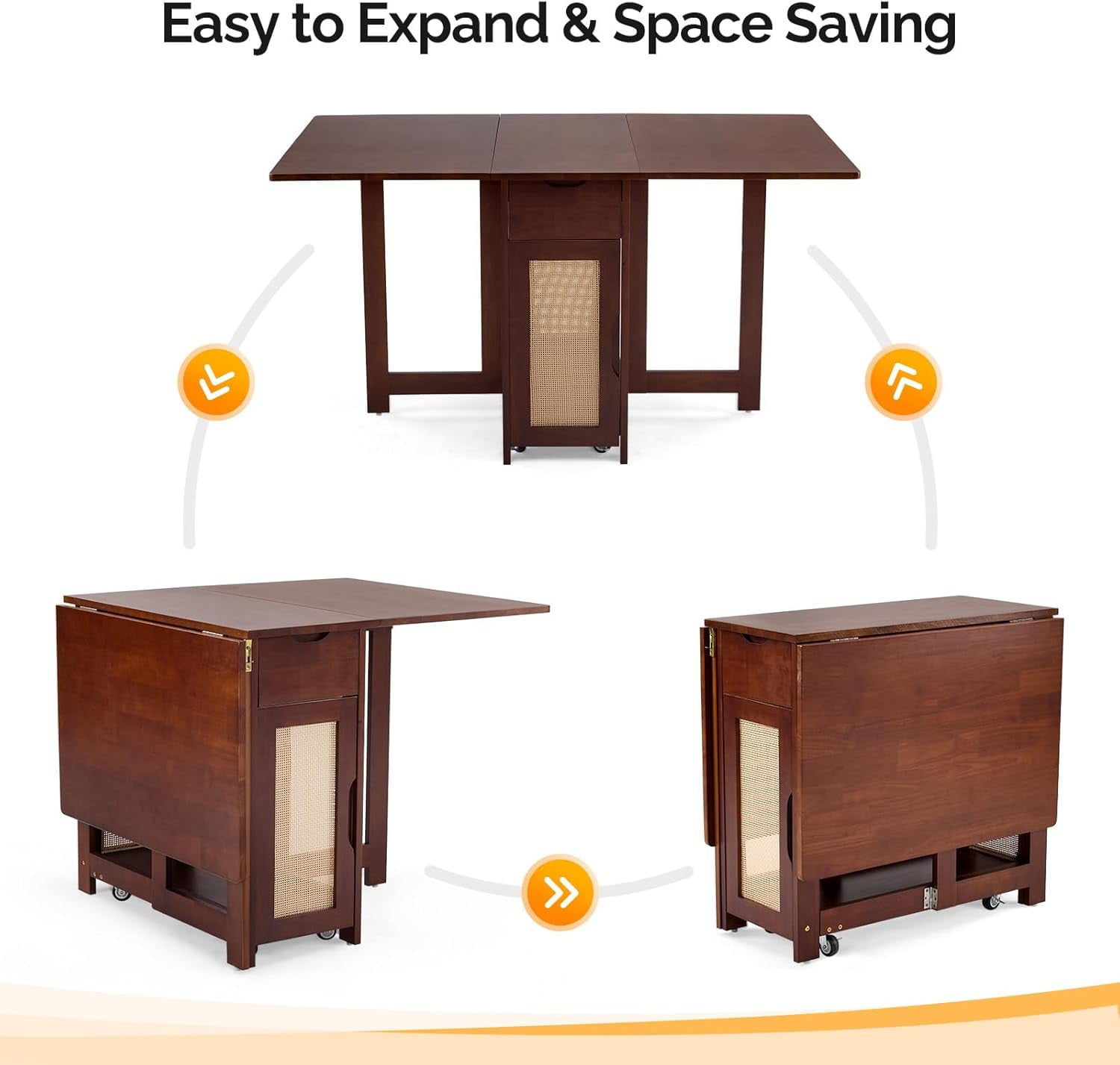 VINGLI Folding Dining Table Extendable Drop Leaf Foldable Table 5 Piece with 4 Chairs 2 Drawers and Wheels for Kitchen Space Saving，Natural