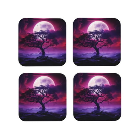 

Drink Coasters Set of 4 Artistic Red Purple Cloud Moon.jpg Leather Coasters for Coffee Table Protector Heat Resistant Cute Coasters for Home Decor Housewarming Gifts Bar Kitchen 4 Inch Square