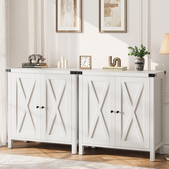 Ensemble d'Armoires de Rangement Style Ferme pour Entrée – Buffet Bahut 2 Pcs avec Tablettes Ajustables et 2 Portes – Console Polyvalente pour l'Organisation du Salon, de la Salle à Manger Ou du Couloir, Contraste de Couleurs Brun+blanc