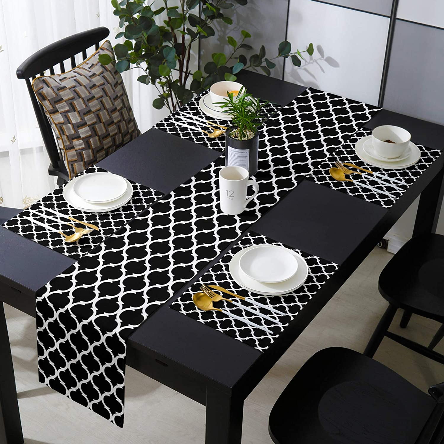 Iguohao Table Runner With 6 Place Mats Morocco Plaid Black Cotton Linen Dining Mat Sets Heat Resistant Washable Placemat For Dining Table Kitchen Living Room Office Picnic 13x70 Inch Walmart Canada