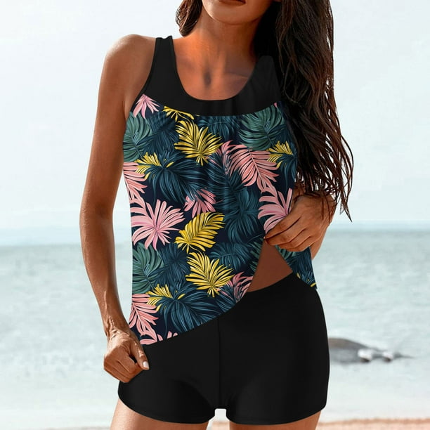 Traje de baño de dos piezas para mujer, trajes de baño para mujer, traje de baño de dos piezas con espalda de tirantes y estampado conservador para mujer, vestido de baño para mujer