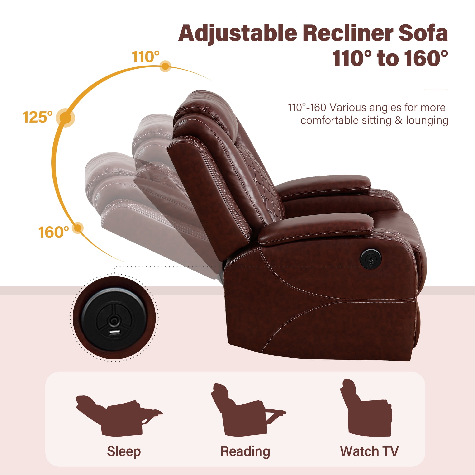 Aukfa Power Recliner Sofa Chair W/ Storage and USB for Living Room,Leather, Brown