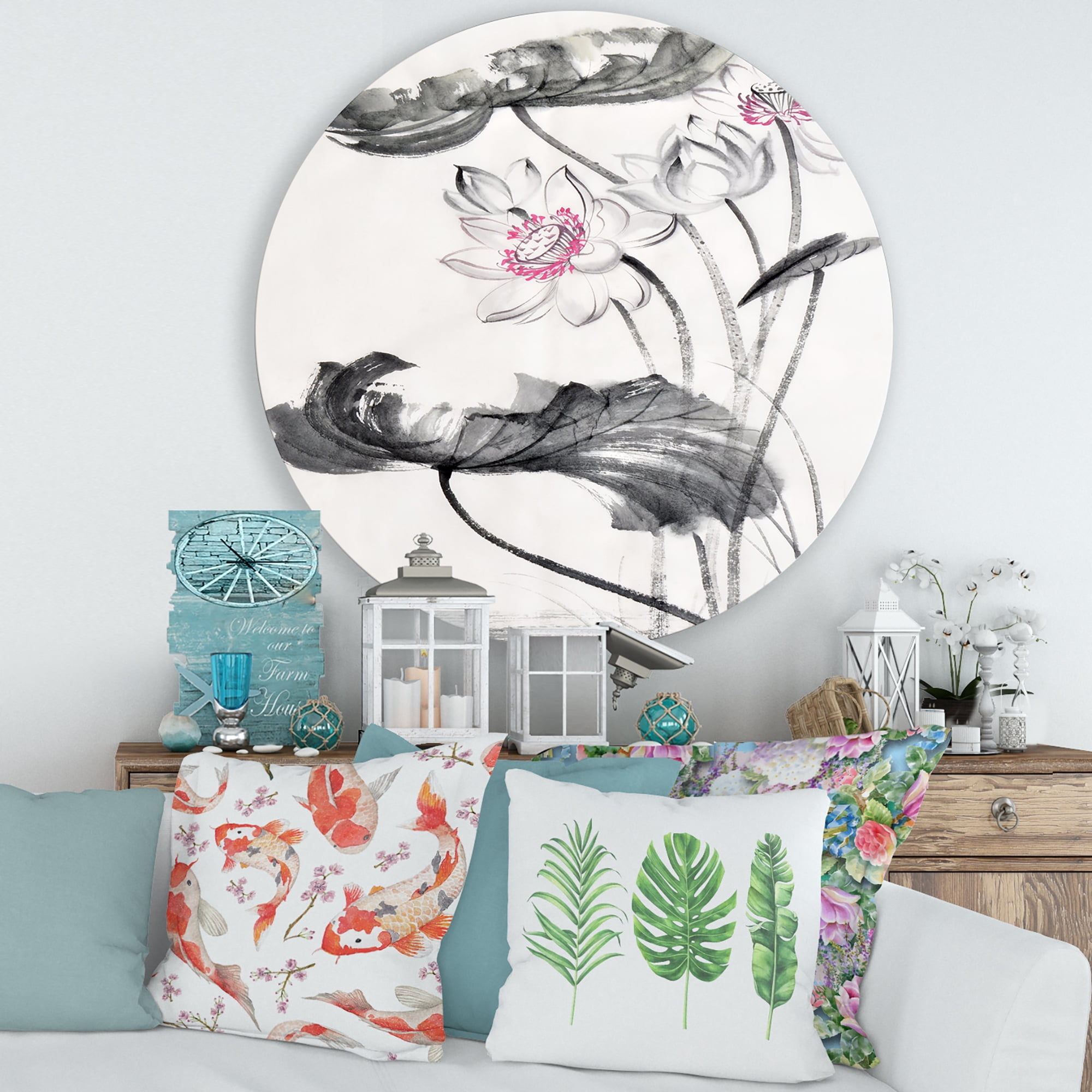 Designart 'Ancient Lotus Flowers' Traditional Circle Metal Wall Art 29x29 - Disc of 29