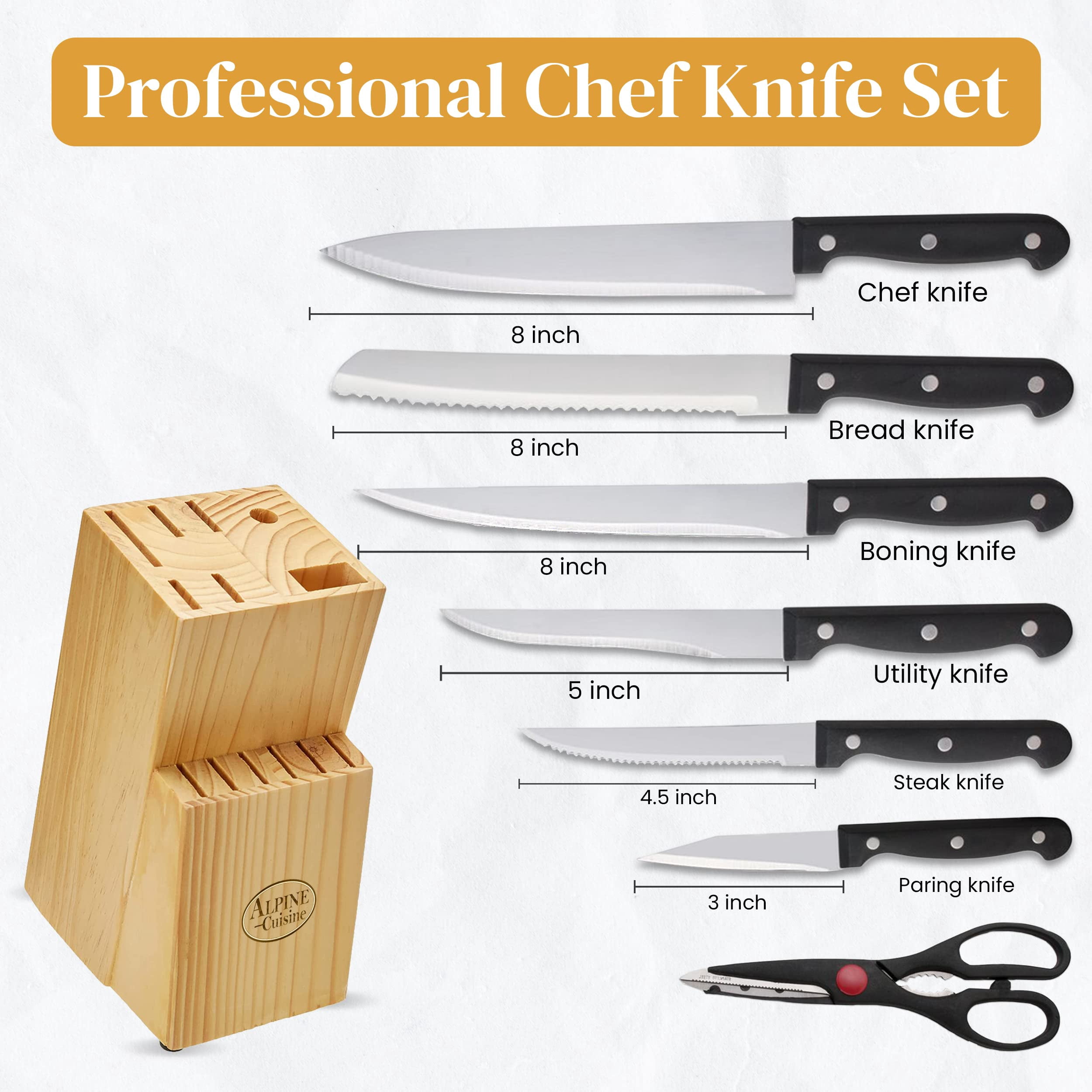 Alpine Cuisine Stainless Steel Cutlery Set 13-Piece, Durable & Rust Resistant, Sharp Blade Cutting Knife Set, Grip Black Handles & Wood Holder, Lightweight & Strong, Multipurpose Use