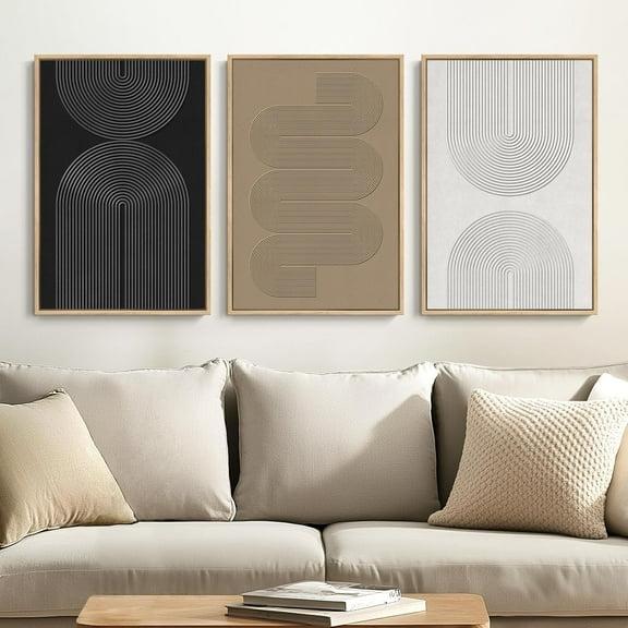 Framed Black and White Abstract Wall Art, 3 Piece Canvas Prints Paintings Artwork for Walls, Modern Minimalist Gold Beige Block Pictures for Living Room Hallway Office Wall Decor 16x24 Inch
