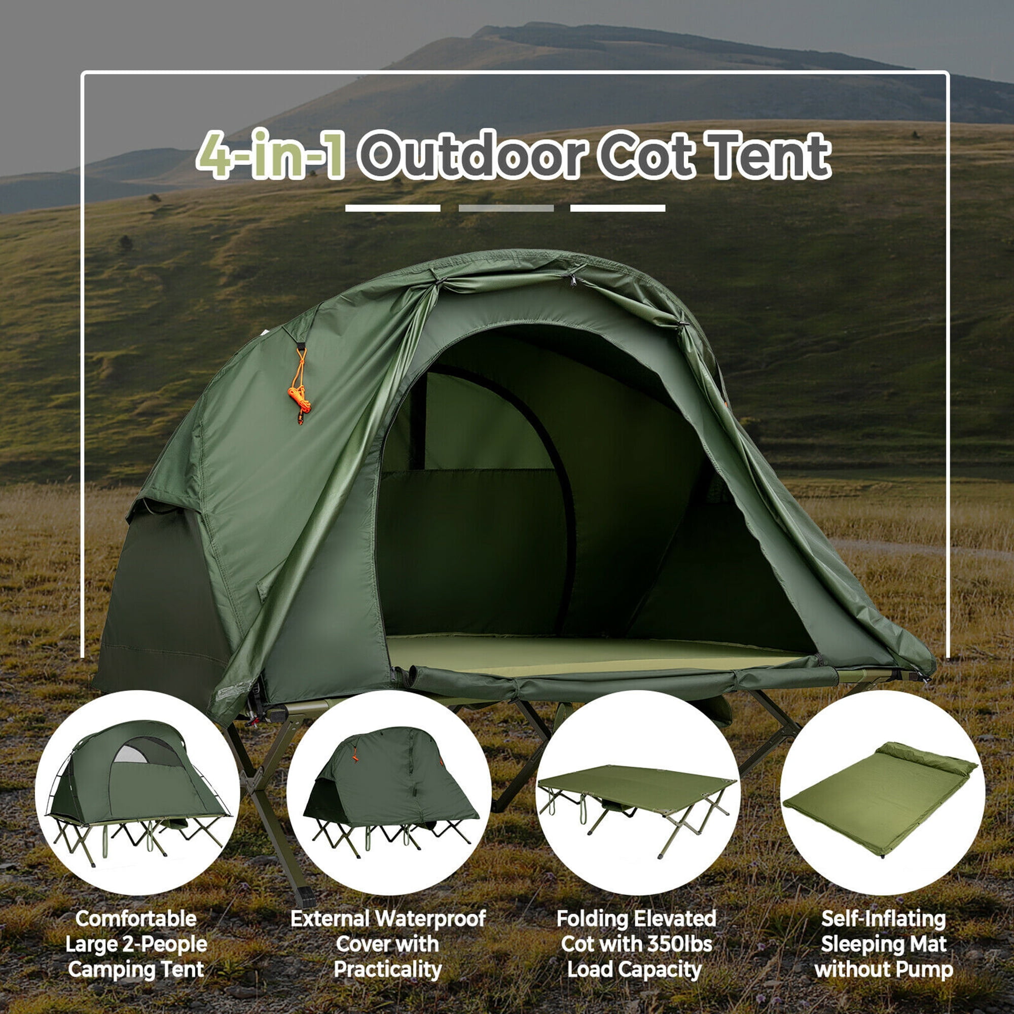 Gymax 2-Person Outdoor Camping Tent Cot Compact Elevated Tent Set W/ External Cover Green