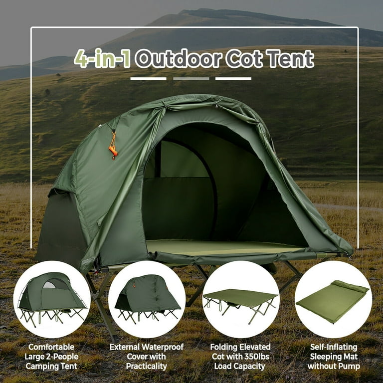 Gymax 2-Person Outdoor Camping Tent Cot Compact Elevated Tent Set W/  External Cover Green 