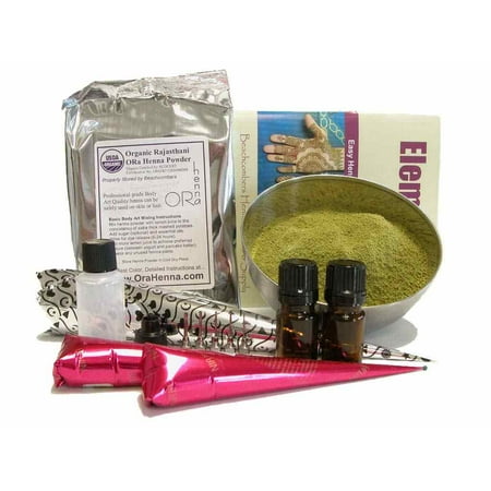 Essential Plus Henna Starter Kit: BAQ Henna Powder, Paste, Essential Oil, Applicator Bottles, Mehndi Design