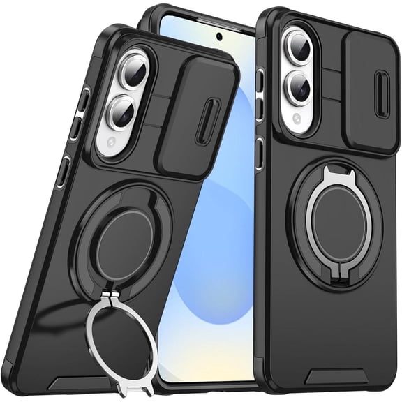 TJS Phone Case for Samsung Galaxy S25 Edge, Privacy Camera Dual Layer Magnetic Ring Rotating Stand Protective Cover for Galaxy S25 Edge (Black)
