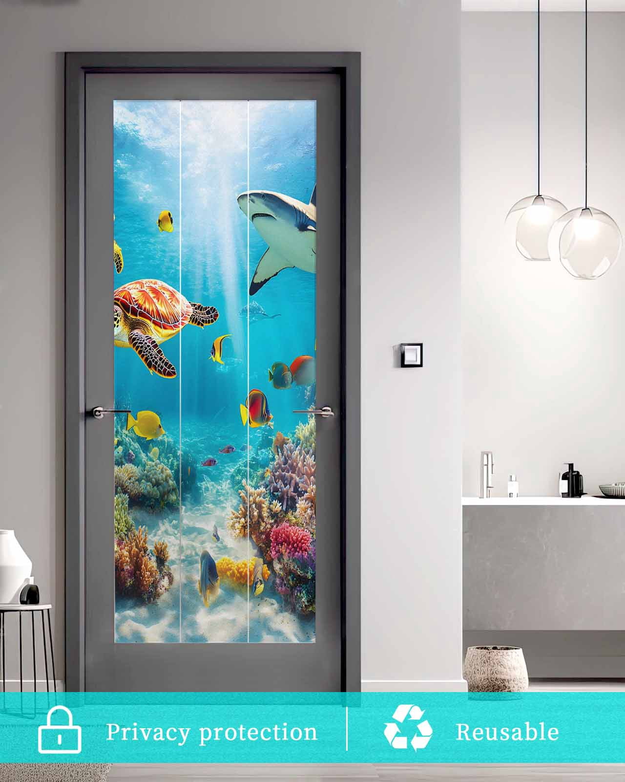 Window Privacy Film Turtle Stained Glass Window Film Decorative Sun Block Window Cover Shark Ocean Coral Underwater Scenery Sea Window Clings Static Adhesive Sticker for Bathroom 23.6"x59"
