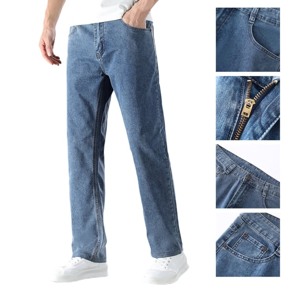Ihhxva Men's Jeans Elastic Waist Straight Leg Denim Pants Solid Color Button Detail Stretchable Casual Daily Wear Denim Trousers - Navy L