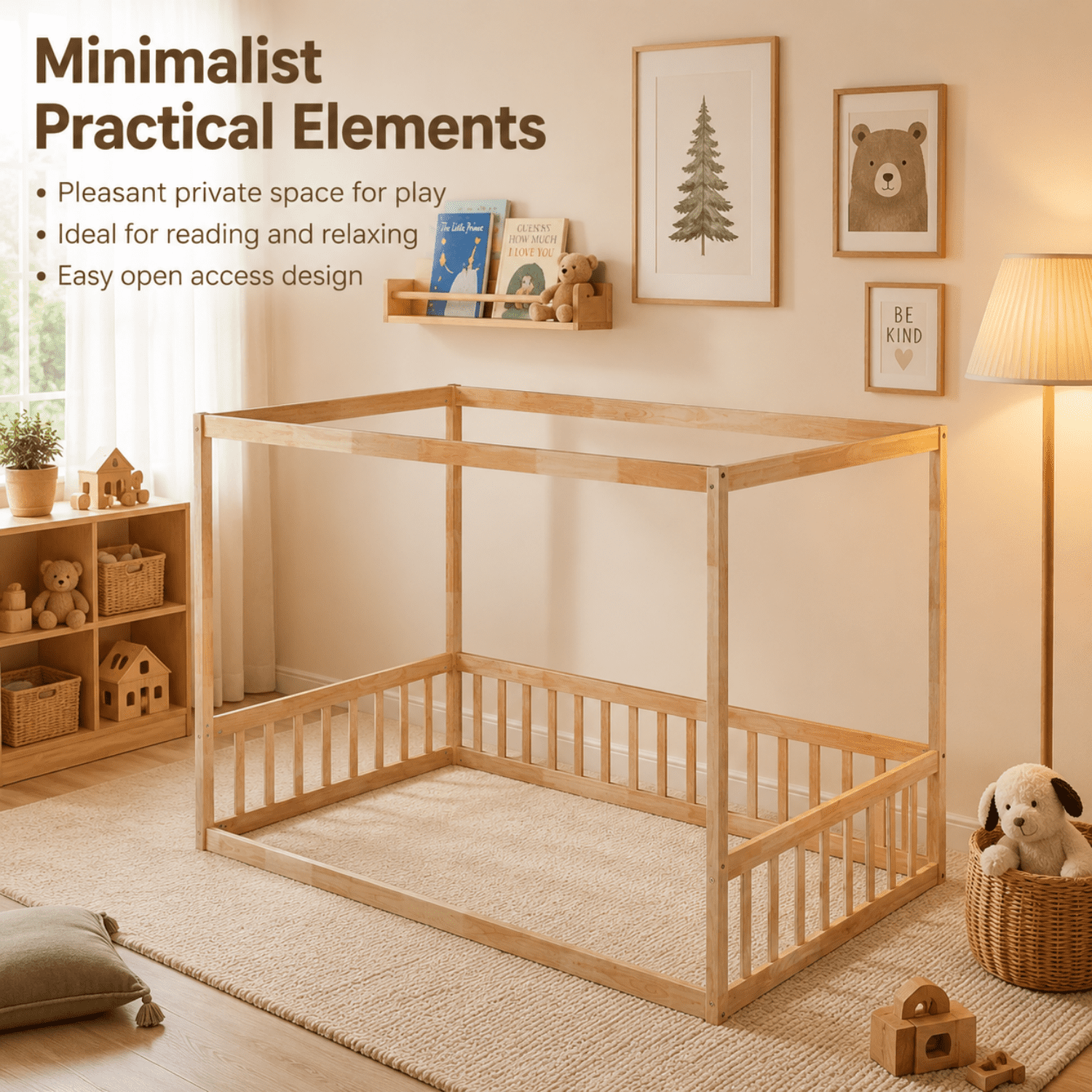 Miniyam Wood Twin Size Canopy Floor Bed with Guardrails for Kids and Teens, Natural
