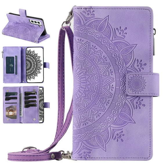 Nalacover for Samsung Galaxy S22 Embossed Floral Pattern PU Leather Crossbody Case with Shoulder Strap,Shockproof Magnetic Flip Kickstand Credit Card Slots Zipper Pocket Wallet Phone Case,Purple