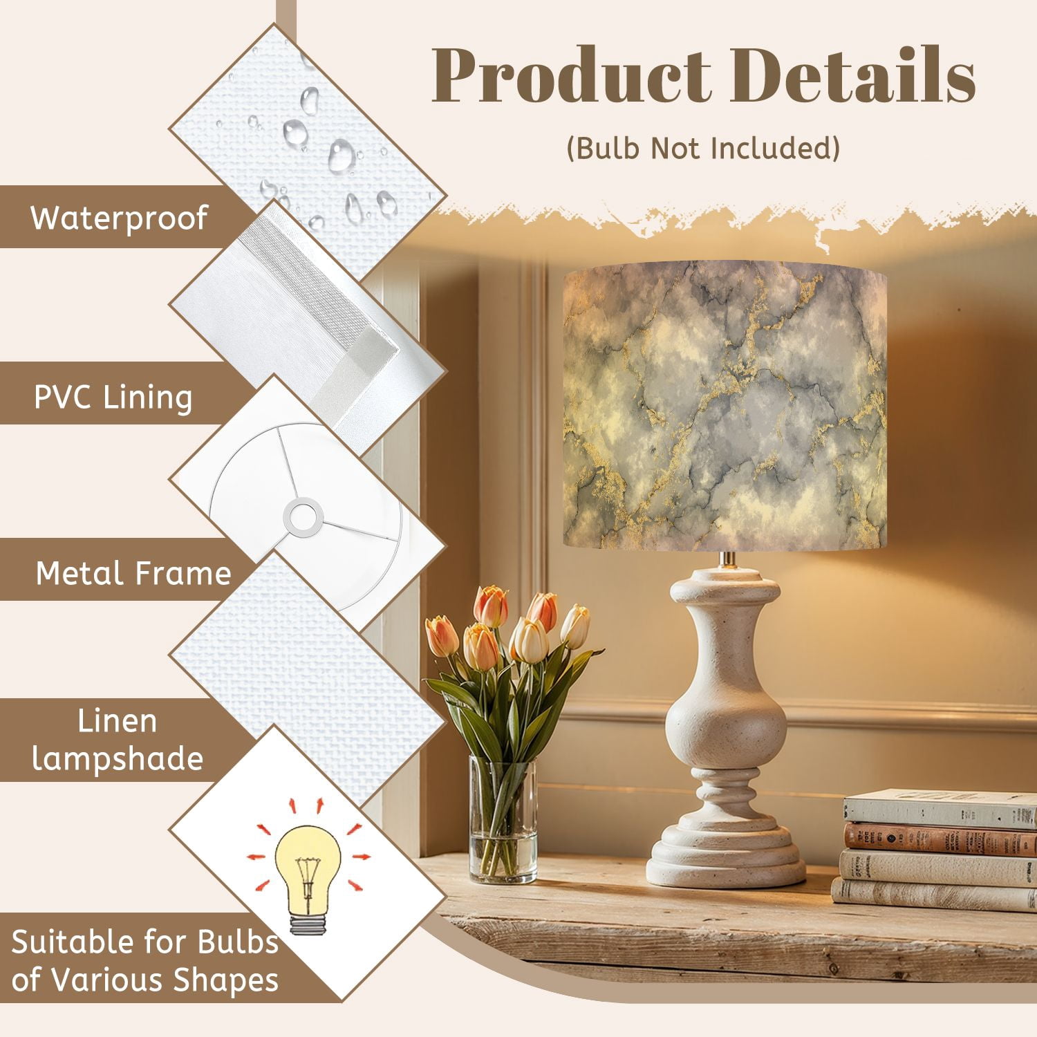 Drum Lampshades 13"x13"x10" Grey Water Color Marble Grey Luxury Silver Water Color Light Shade for Table Lamps Floor Lamp Shades Replacement Assembly Required