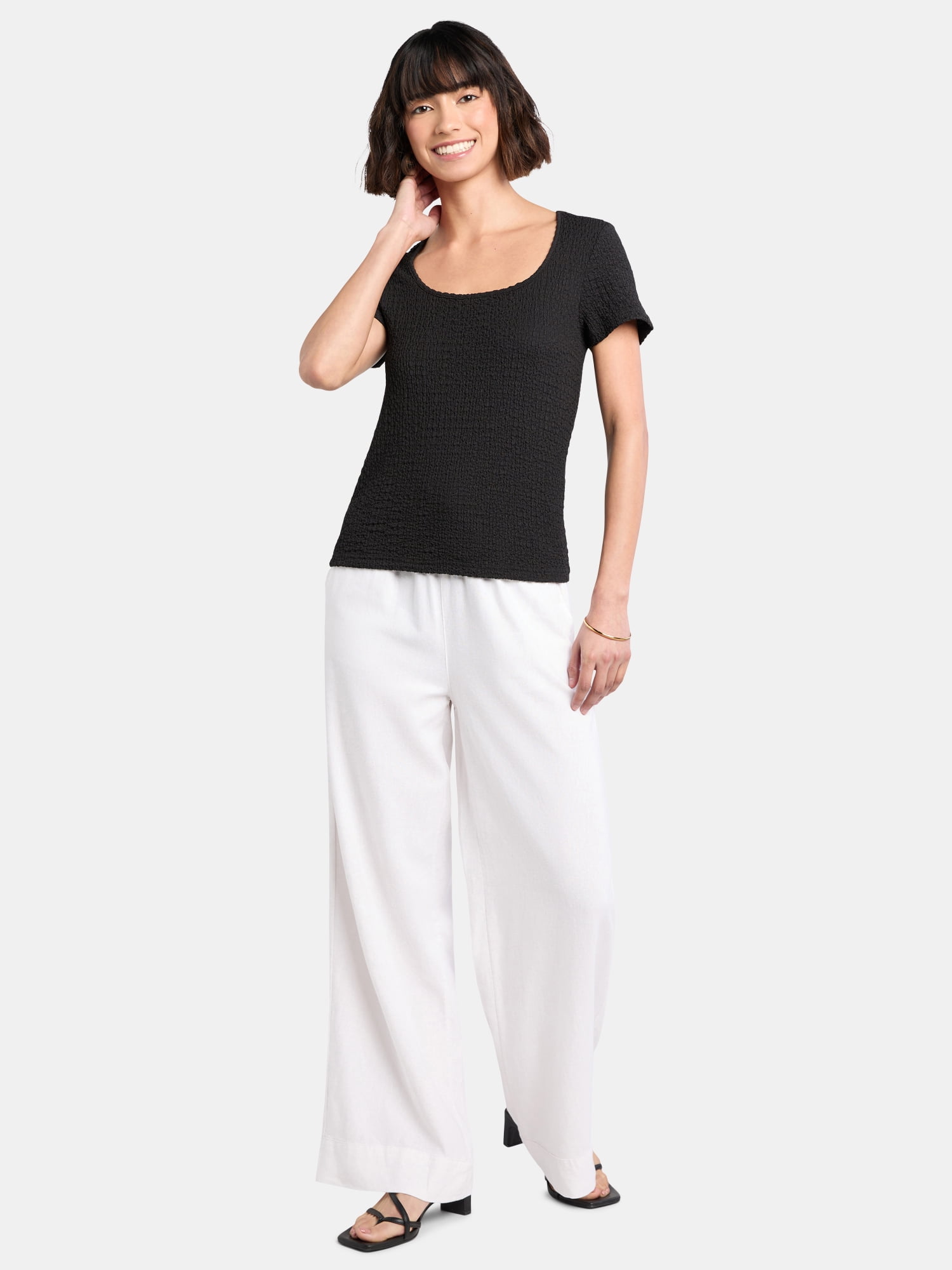 Time and Tru Women's Square Neck Pucker Tee with Short Sleeves, Sizes XS-XXXL