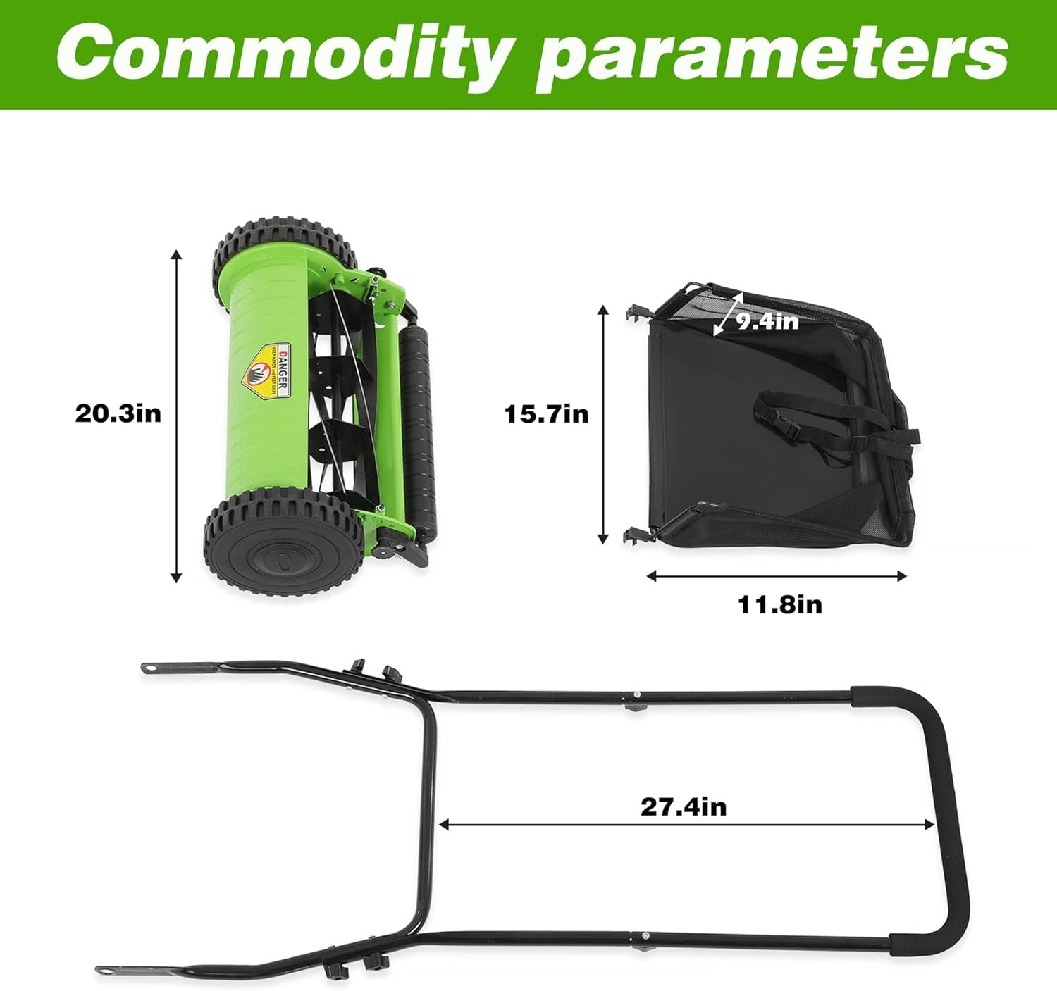 Dkelincs 15 inch Push Lawn Mower Adjustable Cutting Height Lawn Mower 2 Wheels Push Reel Mower with Grass Catcher, Green
