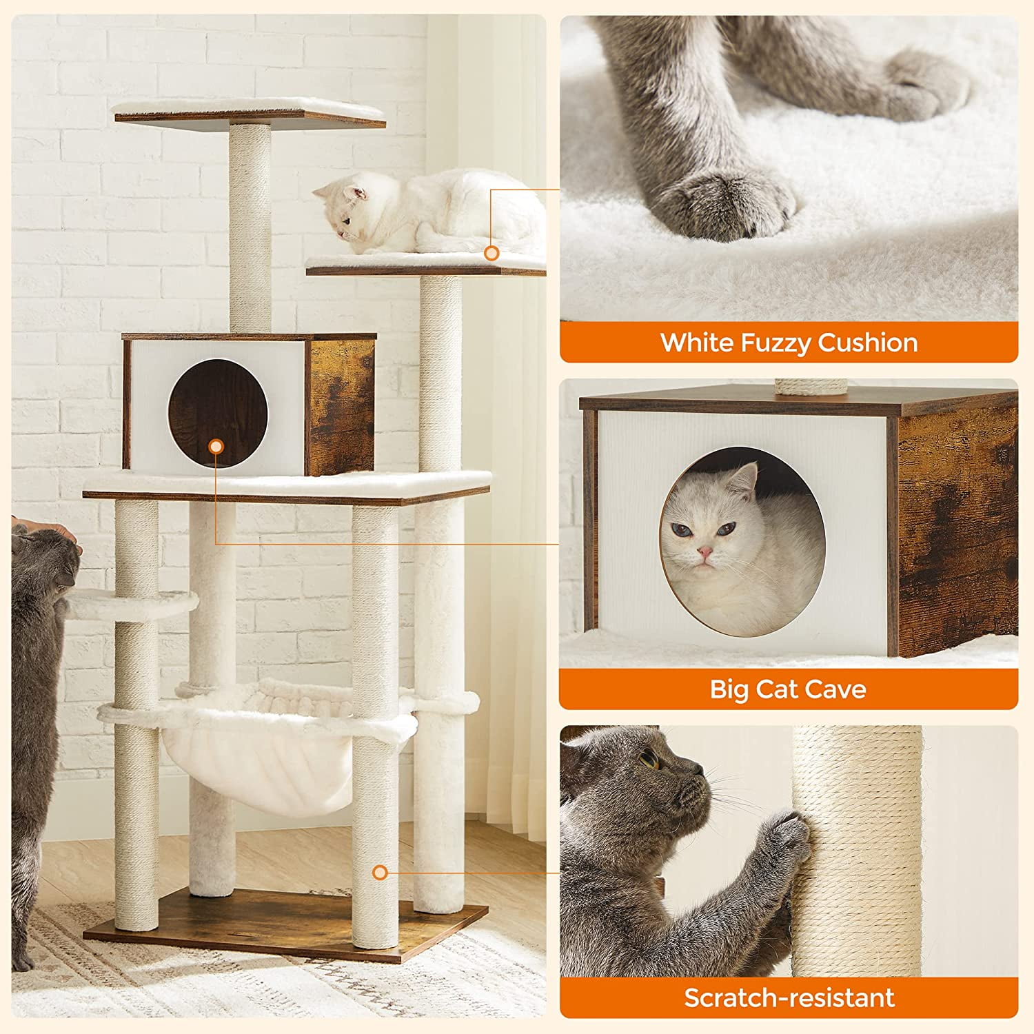Feandrea Cat Tree, 54.3-Inch Cat Tower with Scratching Posts, Hammock, Cat Cave, Padded Perches, Wooden Cat Condo, Brown