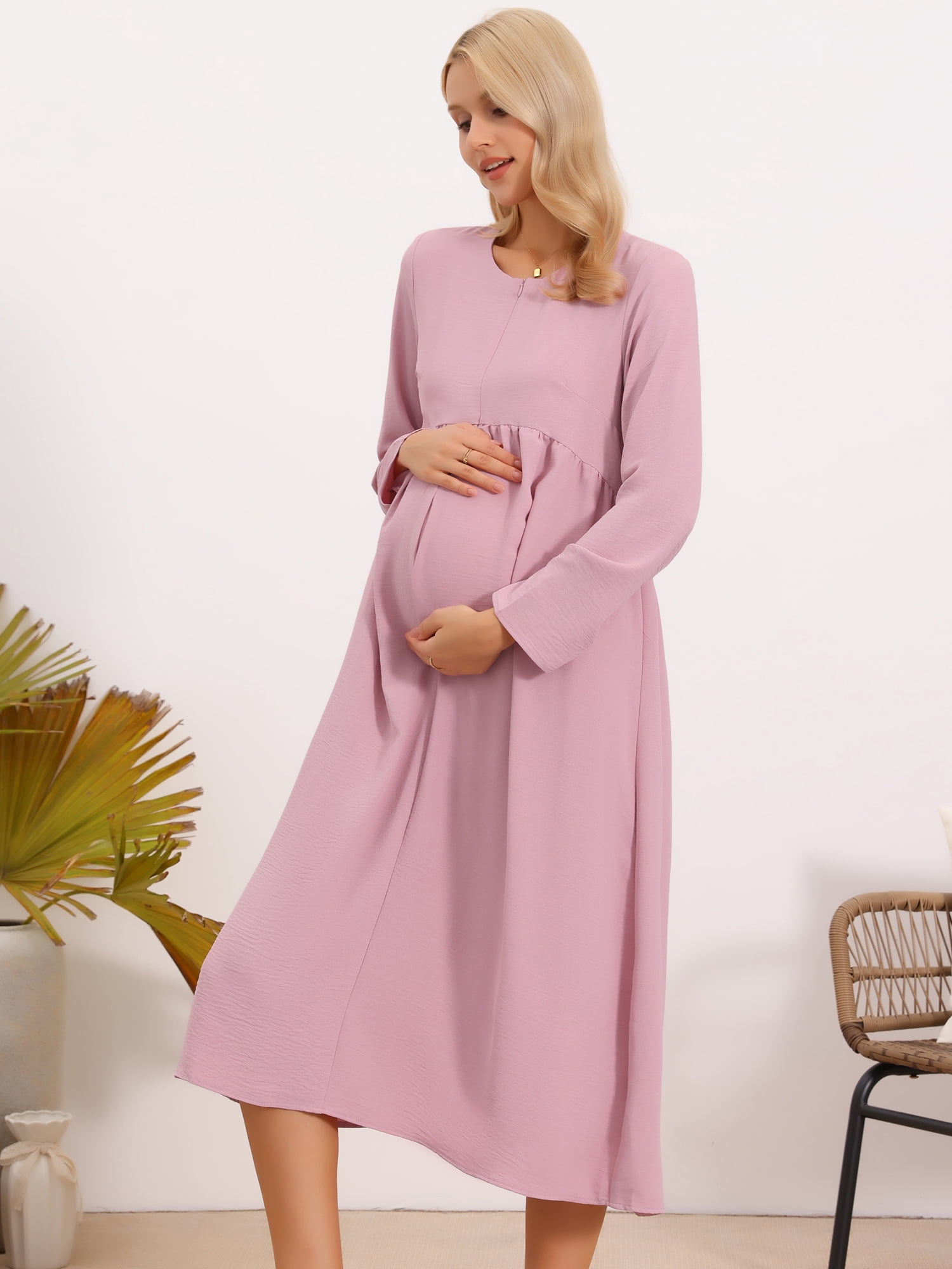 DARING DIVA Women's Maternity Nursing Dress Long Sleeve Midi Round Neck Pleated 2XL Pink