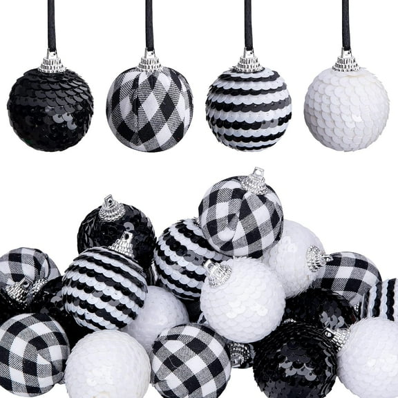 Ebaokuup 24 PCS Buffalo Plaid Christmas Ball Ornaments - 1.6 Inch Black and White Sequin Decor for Xmas Tree and Fall Party