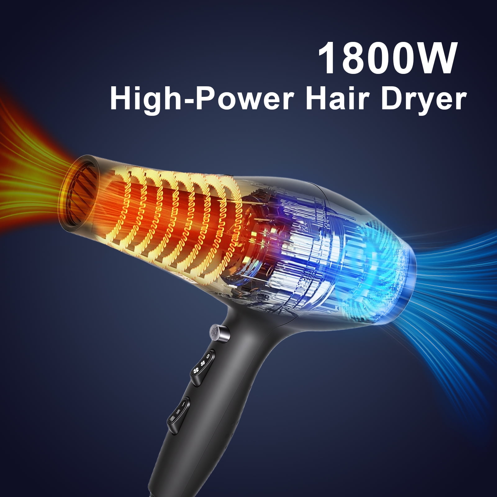 1800W High Power Hair Dryer with Diffuser & Concentrator, Adjustable Heat & Speed, Low Noise Blow Dryer for Home & Salon