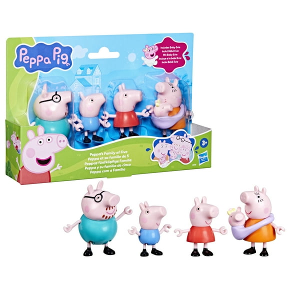 Peppa Pig Peppa's Family of Five with Baby Evie in Carrier, Poseable Figures Hold Hands, Preschool Toys, Holiday Gifts for Kids, Ages 3 and Up