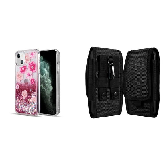 Liquid Glitter Case for iPhone 14 and Belt Holster Pouch - Pink Flowers