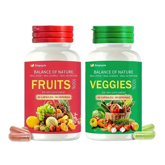 Fruits & Veggies Dietary Supplement Set - 100% Real Food Nutrition, 90 Capsules Each (2 Bottles), Daily Veggie & Fruit Immune Support