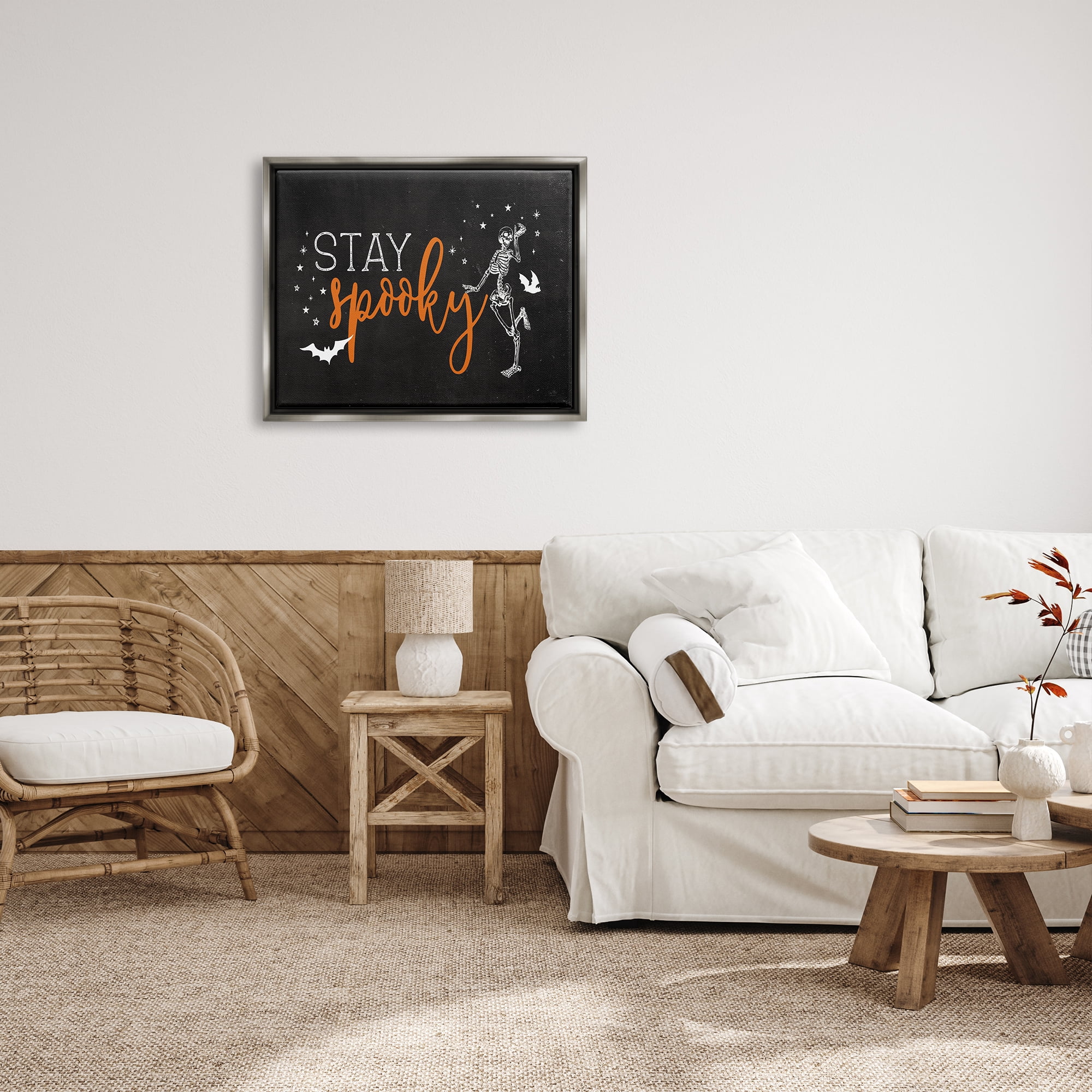Stupell Industries Stay Spooky Skeleton Holiday Painting Gray Floater Framed Art Print Wall Art, 31 x 25