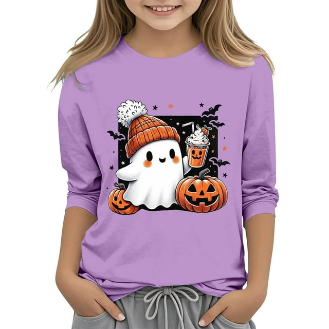 XQYLOS T-Shirt Mignon Festif pour Filles Haut Enfants Jeunes Décontracté Halloween Imprimé 2D Col Rond Manche Trois Quarts Tee T-Shirt Haut Automne Automne Vêtements Mode