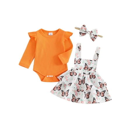 

WERNZATT Baby Flying Sleeve Romper Butterfly Print Suspender Skirt Headband
