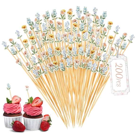 200 Pcs Wildflower Cocktail Picks, 5.12" Decorative Bamboo Appetizer Picks and Food Skewers for Party, Drinks, and Charcuterie