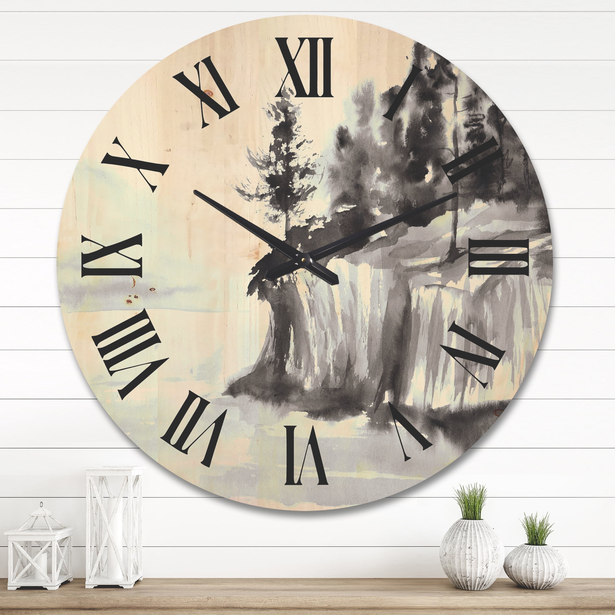 Designart 'Black & White Cliffs By The Lake' Nautical & Coastal Wood Wall Clock