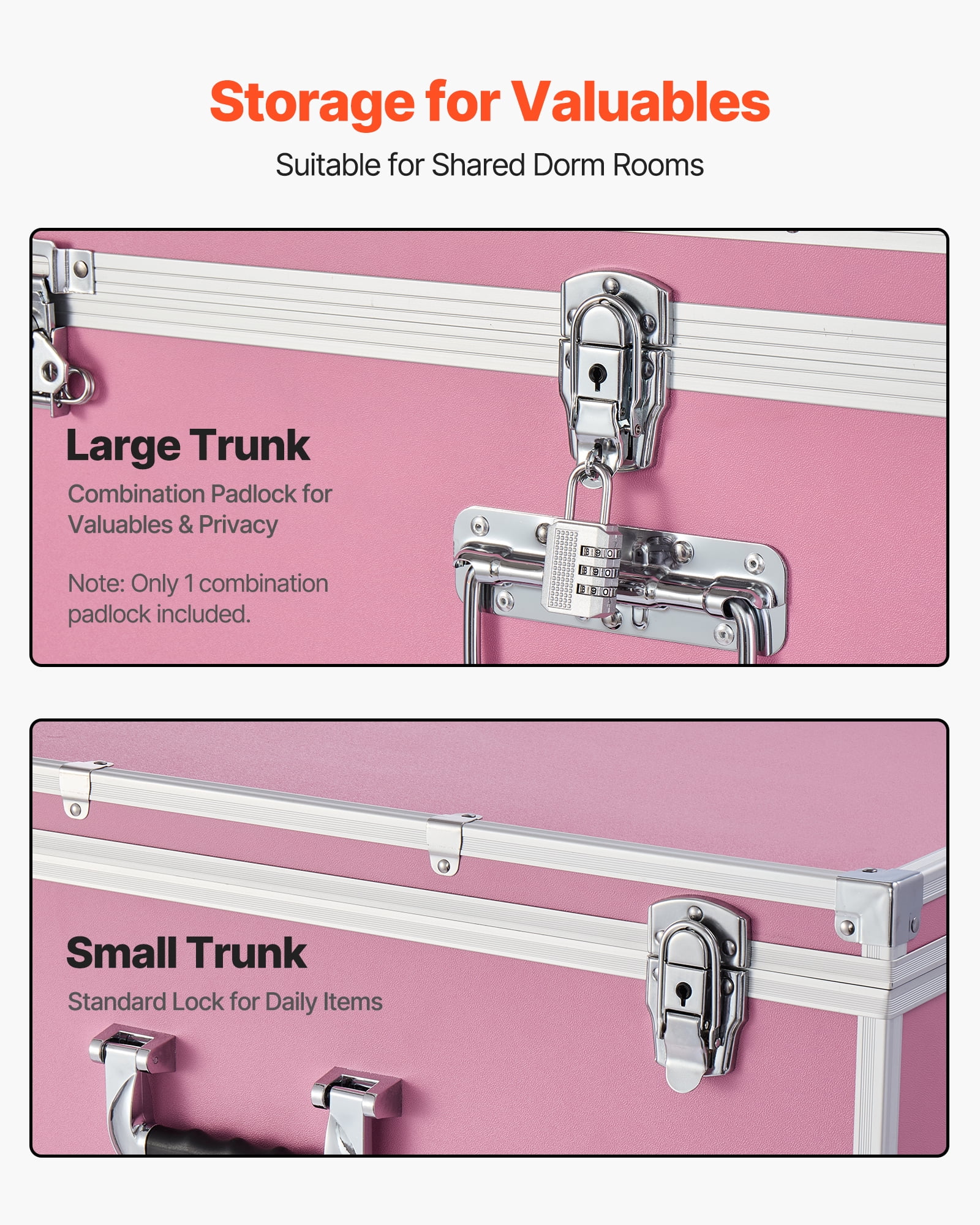VEVOR Metal Storage Trunk, Set of 2, Wooden Suitcase Storage Boxes with Padlocks, Large Trunk Includes Casters and 3 Metal Handles, Decorative Store Chest with Lids for Travel, Apartment, Dorm, Pink