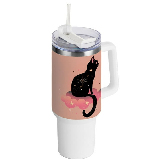 Black Cat Clouds Stars 40 oz Tumbler with Handle Insulated Travel Mug Lid Straw Leak Proof Steel Vacuum Water Bottles Glasses Fits in Car Cup Holder