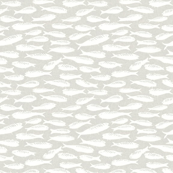 3122-10500 Nunkie Sardine Wallpaper with Playful Coastal Charm in Light Grey Off White Colors Coastal Style Prepasted Acrylic Coated Paper