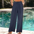 thumbnail image 2 of aohooy Straight Leg Linen Pants Women Summer Casual Loose Fit Elastic Drawstring Waist Wide Leg Palazzo Pant Plus Size Boho Lounge Trousers with Pockets Navy,XXXL, 2 of 9