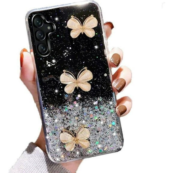 for Samsung Galaxy A15 5G Glitter Case, Cute 3D Butterfly Bling Glitter Sparkle Shiny Soft TPU Silicone Clear Shockproof Women Girls Slim Thin Protective Phone Case for Galaxy A15 5G (Black)