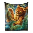 thumbnail image 1 of Cats Soft Flannel Fleece Throw Blanket, Fantasy Painting Radiant Orange Cartoon Cat Peacock Feather Bird Dreamy, Cozy Plush for Indoor and Outdoor Use, 50" x 60", Orange Green Blue, by Ambesonne, 1 of 6