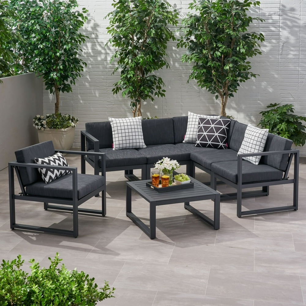 Quentin Outdoor 6 Piece Aluminum Sofa Set, Black, Dark Gray Walmart