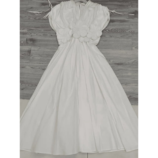 Vestido largo elegante 3d con flores plisado liso para mujer, vestido elegante con cuello en V, manga corta, cordón, batas con cordones, ropa de calle de verano para mujer