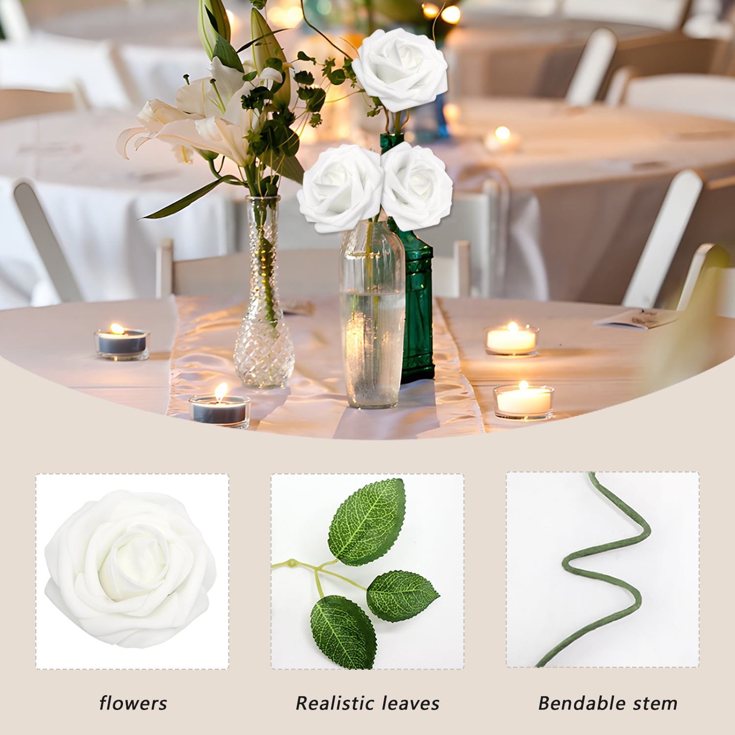 Artificial Flowers White Roses 100PCS Real Looking Foam Fake Roses with Leaves and for DIY Wedding Bouquets Bridal Shower Centerpieces Party Decorations