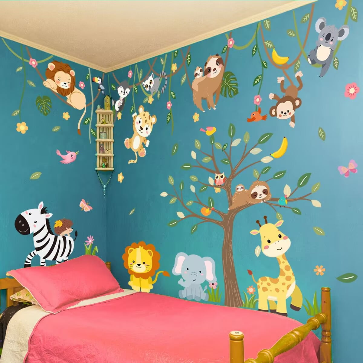 Jungle Animals Tree Branch Wall Decals Safari Monkey Giraffe Lion Wall Stickers Removable Peel and Stick Baby Nursery Kids Room Daycare Wall Decor