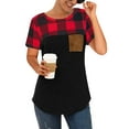 thumbnail image 1 of Women Plaid Print Pocket Patchwork Contrast Color Short Sleeve Top, 1 of 4
