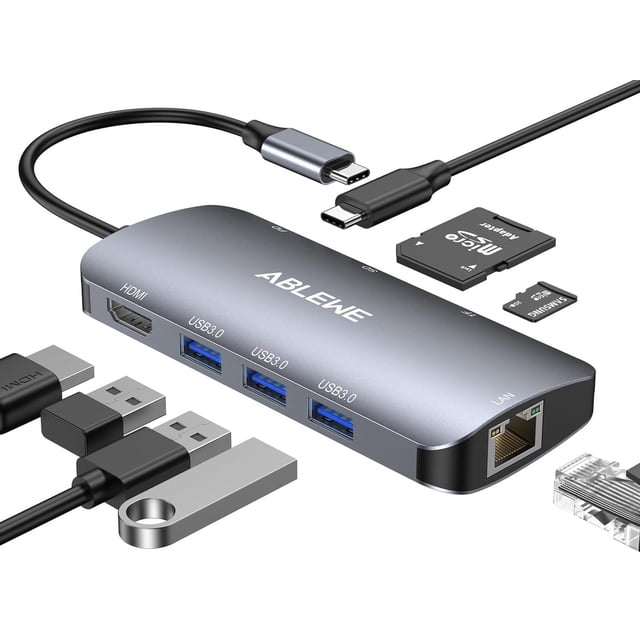 ABLEWE HUB USB C, 8 en 1 Adaptador USB C a hdmi 4K,USB 3.0 3 Puertos,Lector Tarjetas SD/TF,Puerto Gi